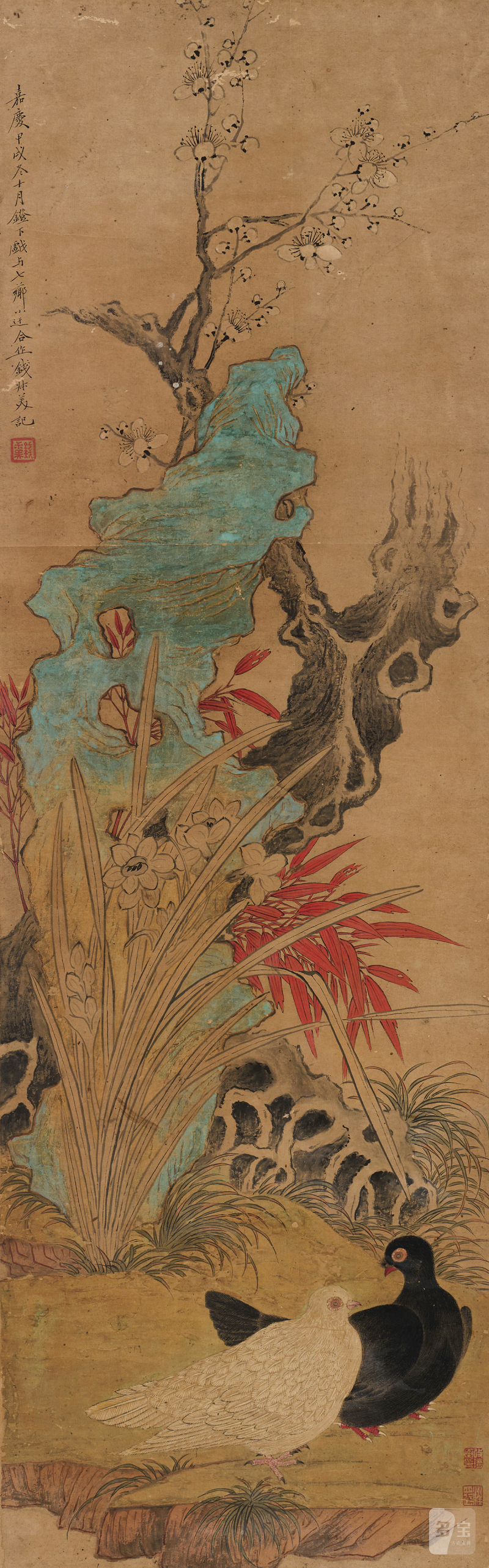 改琦、汪小迂、钱杜 花鸟立轴 - 图1